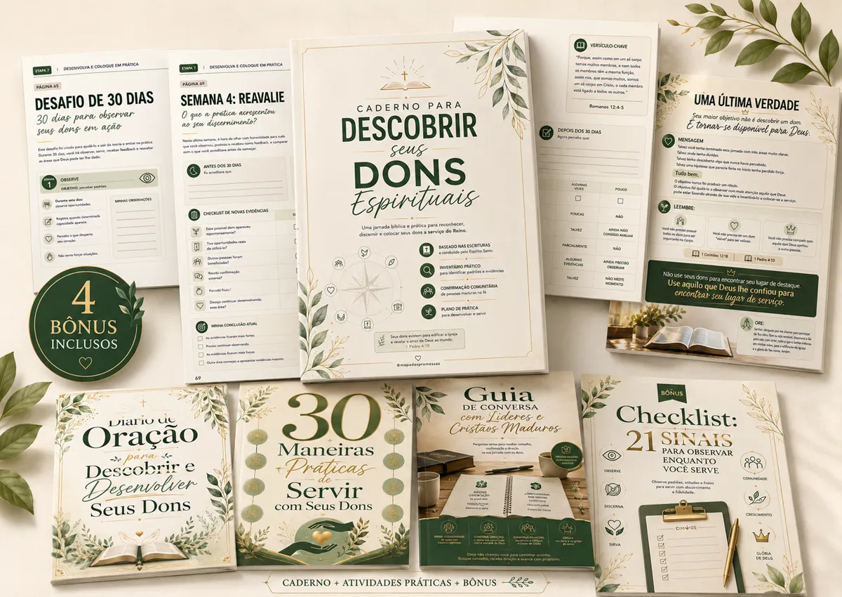 Mockup final do Caderno para Descobrir Seus Dons Espirituais com os 4 bônus