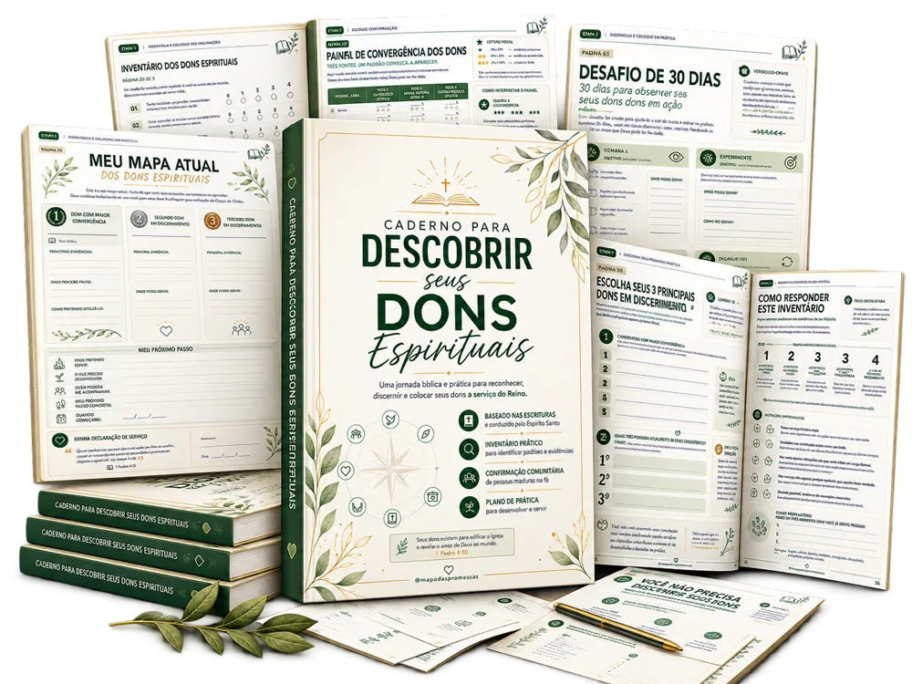 Mockup do Caderno para Descobrir Seus Dons Espirituais com páginas abertas