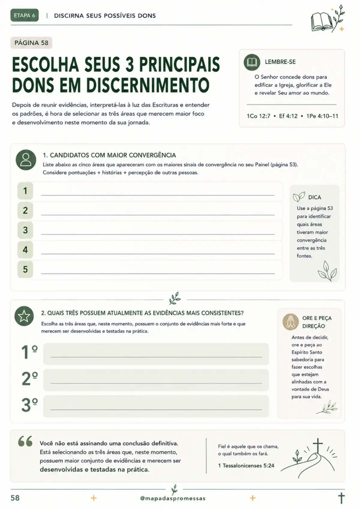 Página do caderno: Meus 3 Principais Dons em Discernimento